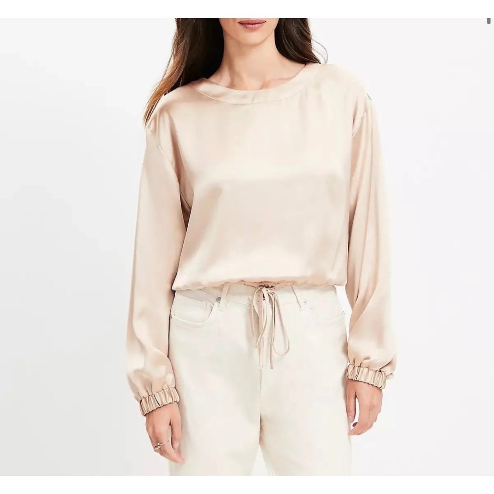 LOFT Womens Satin Long Sleeve Cropped Drawstring Blouse Size M Tan Chic Office